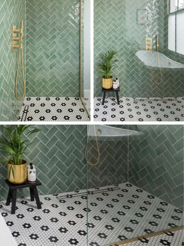 shower floor use black and white hexagon mosaic tile
