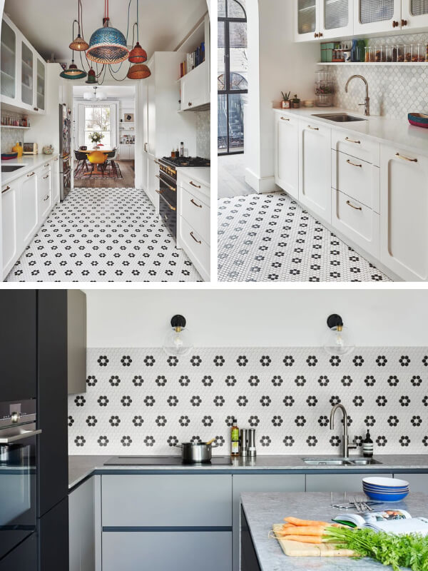 black and white hexagon mosaic tile for kitchen design