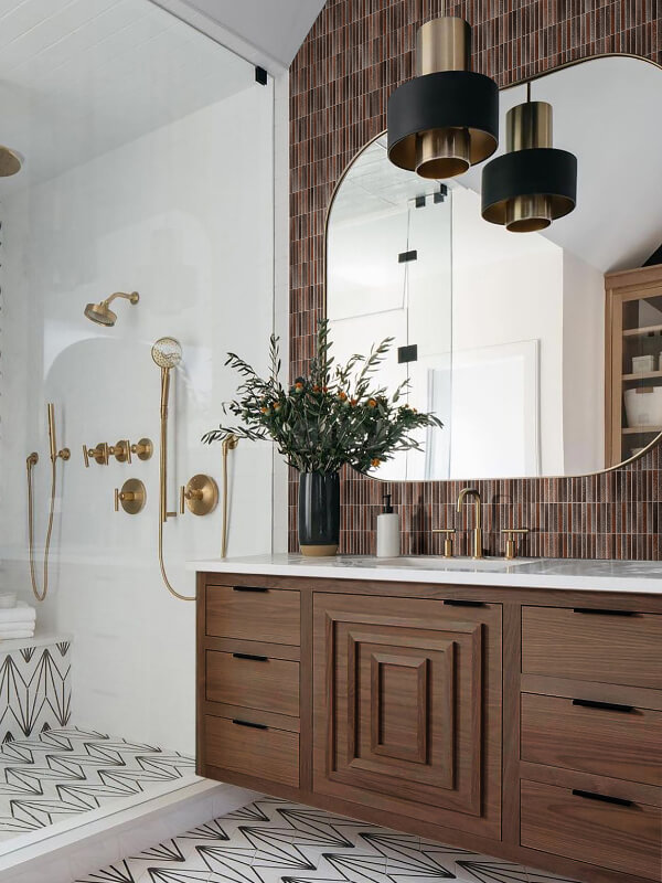 bronze color glazed porcelain finger tiles as bathroom vanity wall