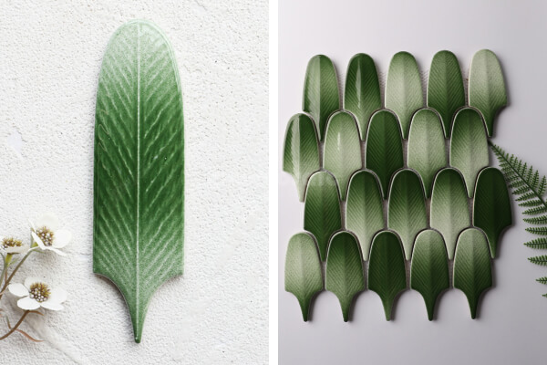 Feather Shape Handmade Glazed Green Ceramic Tile