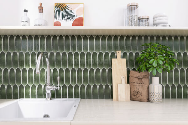 dark green plumage tile as kitchen backsplash