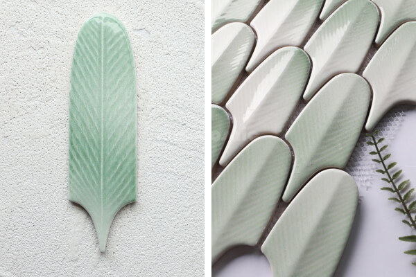 Feather Shape Handmade Glazed Mint Ceramic Tile