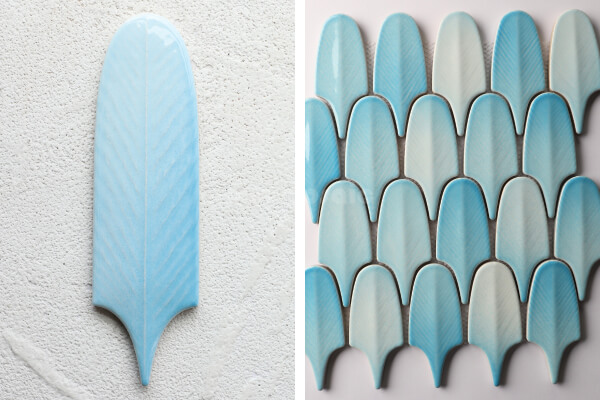 Feather Shape Handmade Glazed Baby Blue Ceramic Tile