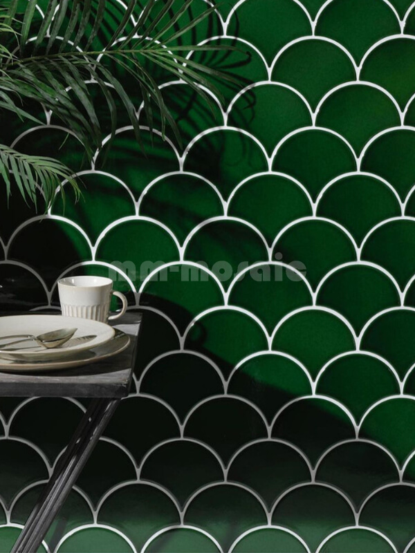 emerald green scallop tile as accent wall