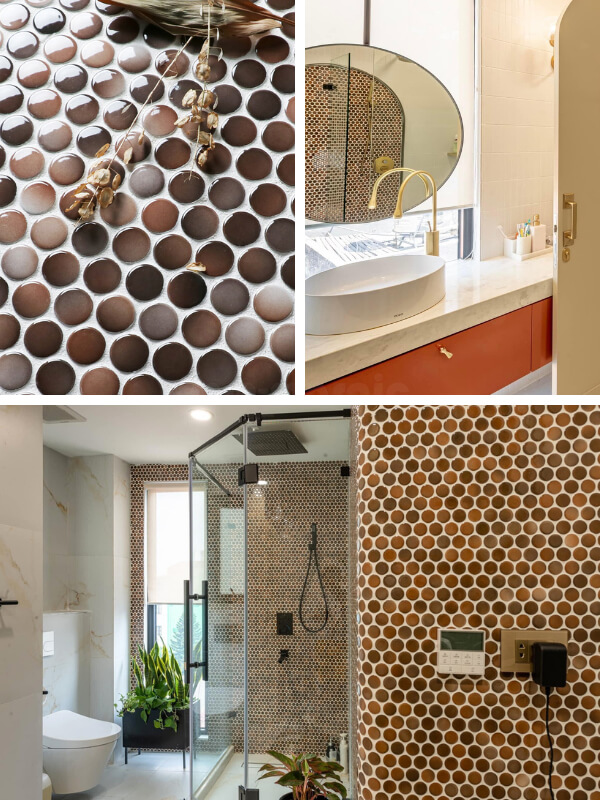 brown penny round tile for bathroom wall