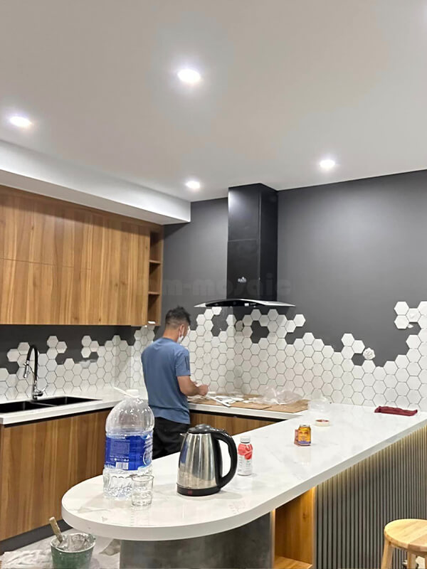 white hexagon tile as kitchen backsplash