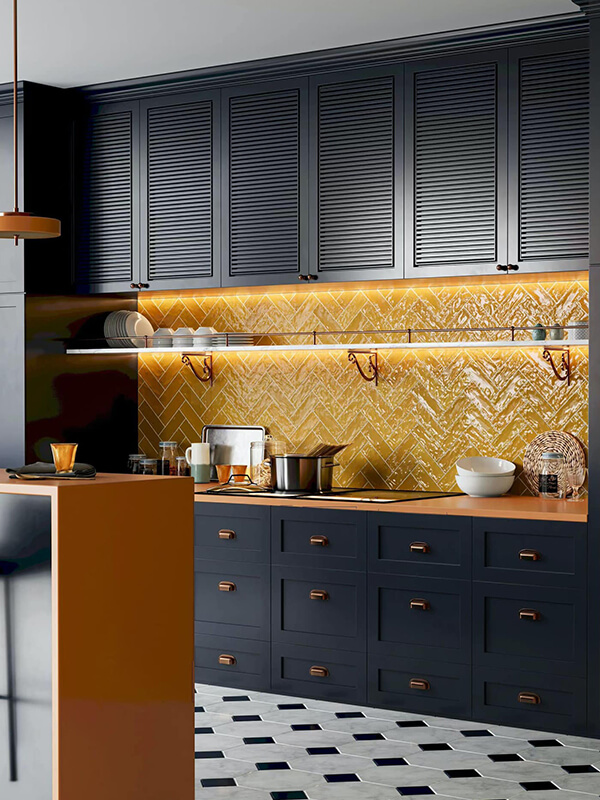 yellow herringbone tile kitchen backsplash