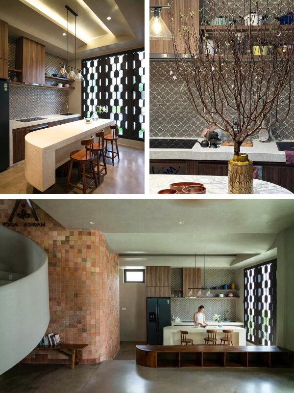 brown porcelain scallop tile as kitchen backsplash