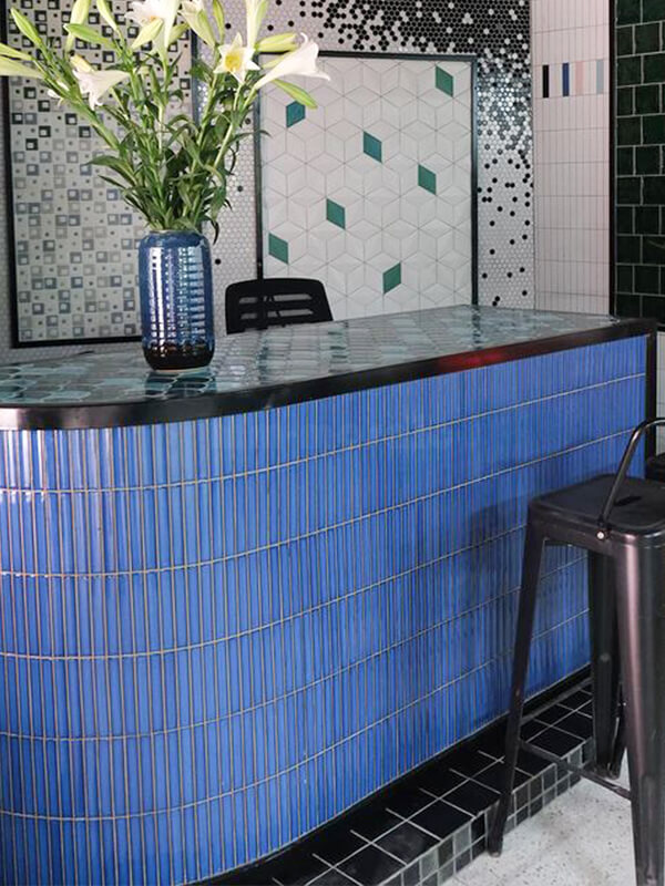 blue kit kat tile as island backsplash