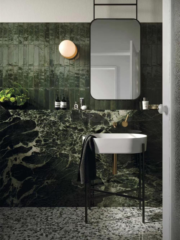 dark green subway tile as bathroom wall decor