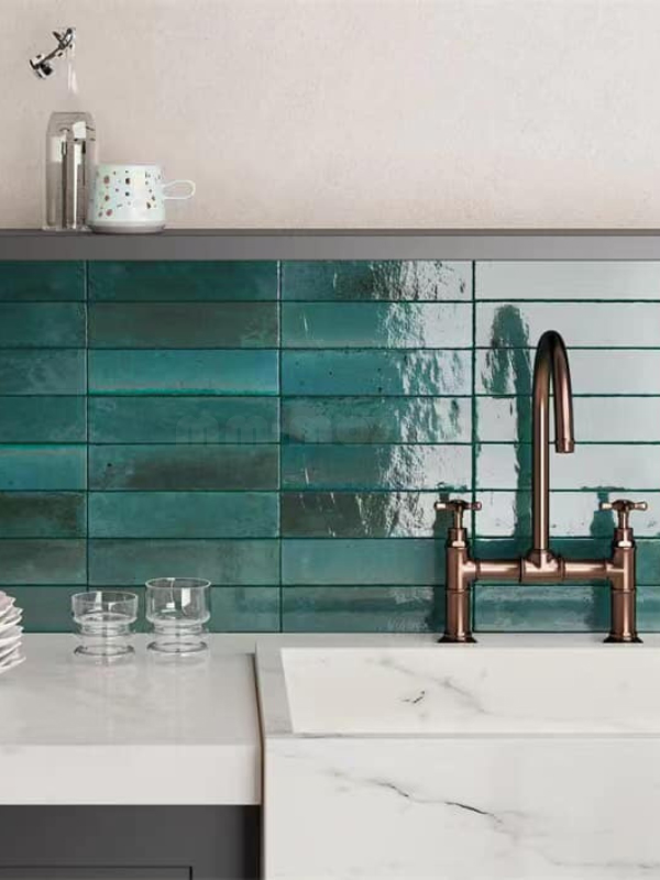 teal color porcelain subway tile backsplash