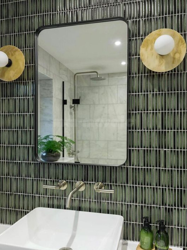 dark green ceramic finger mosaic tile as bathroom vanity wall decor