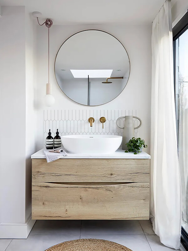 white picket tile as bathroom vanity wall decor