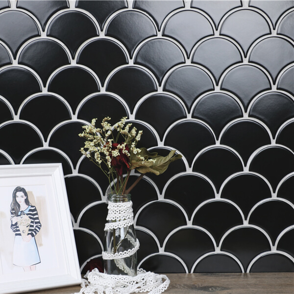 Wholesale Black Fish Scale Tile Ceramic Fan Shaped Mosaic Supply