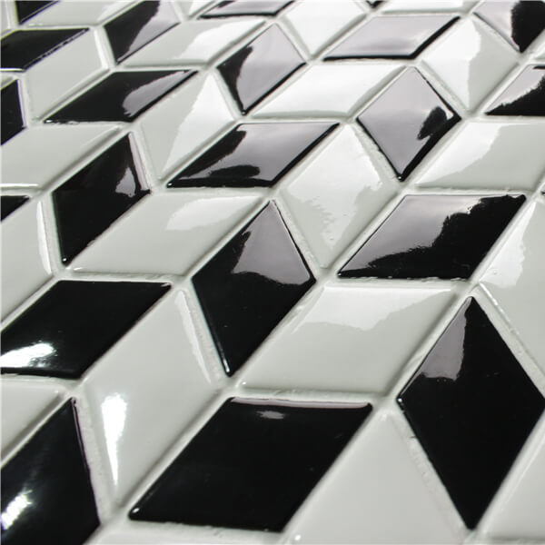 Rhombus Shape Black White Glazed Ceramic Mosaic Tile Sheets China Supply