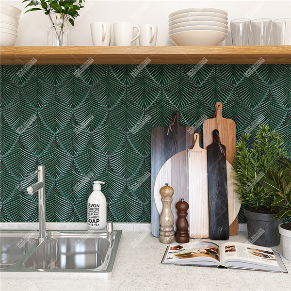 Modern Leaf Shape Ceramic Hand Made Green Tiles for Hotel Backsplash