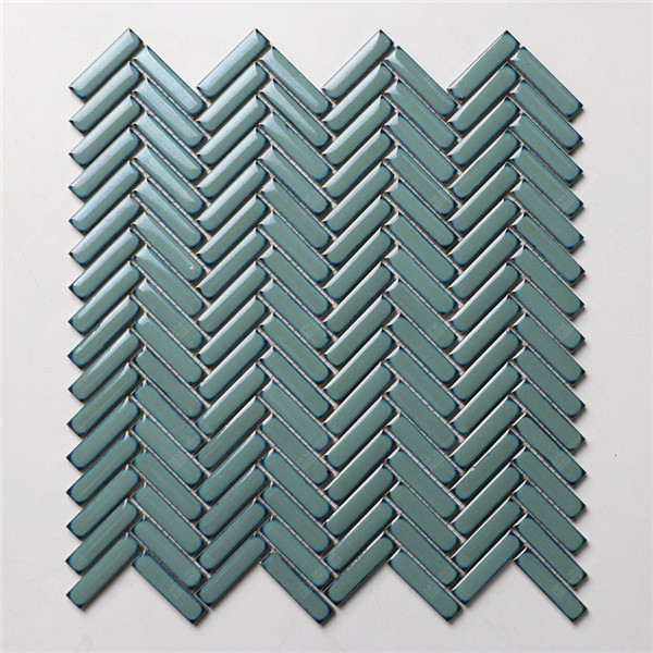 Foshan Wholesale 12x50mm Glazed Ceramic Teal Blue Herringbone Mosaic