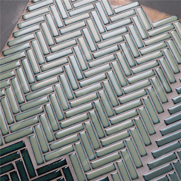 China Wholesale 12x50mm Glazed Ceramic Mosaic Green Herringbone Wall