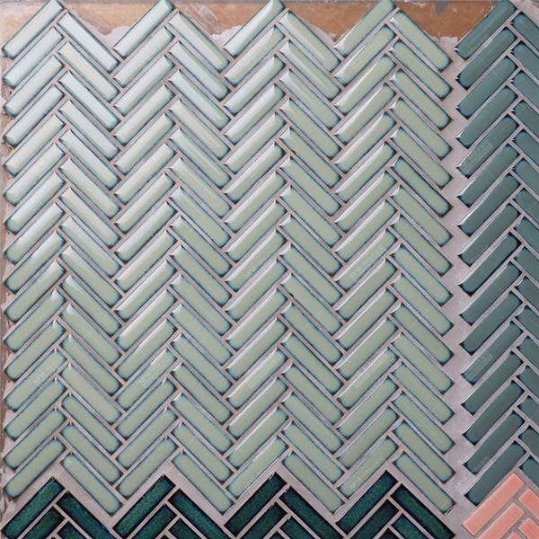 China Wholesale 12x50mm Glazed Ceramic Mosaic Green Herringbone Wall