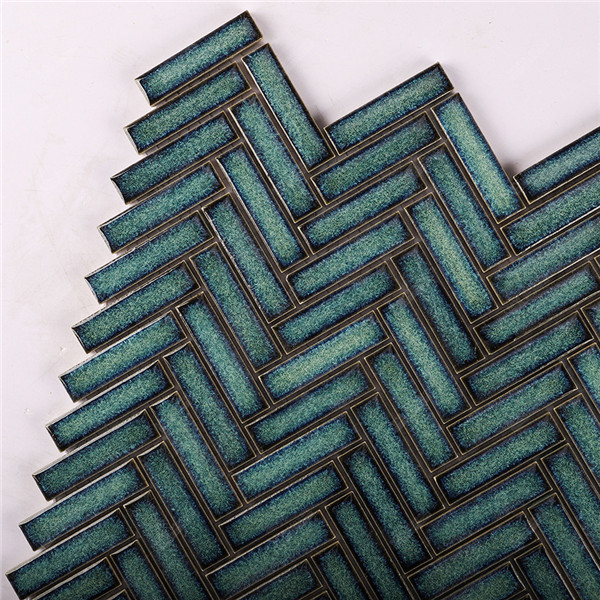 Foshan Manufacturer 12x50mm Ceramic Mosaic Dark Green Herringbone Tile